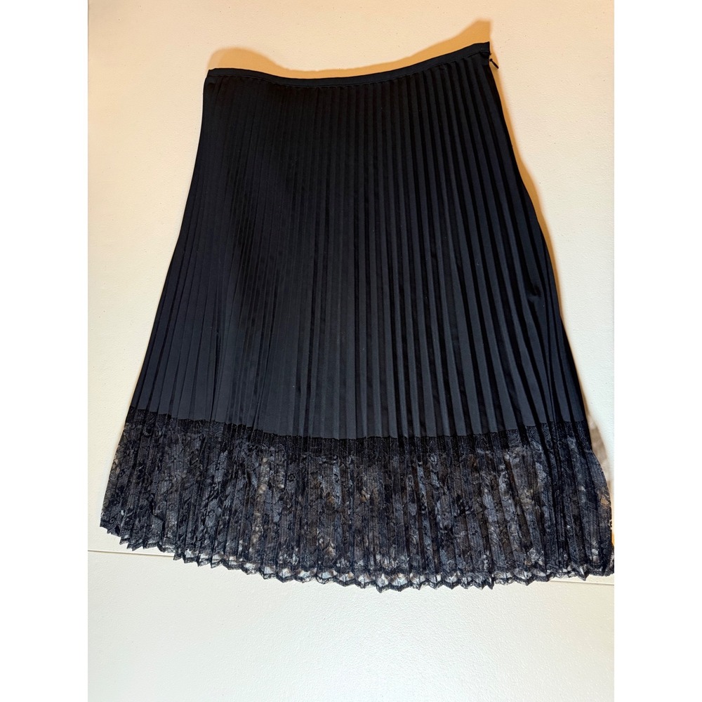 Apostrophe Stretch Black Pleated Lace Hem Midi Skirt Size 8 Accordion Skirt